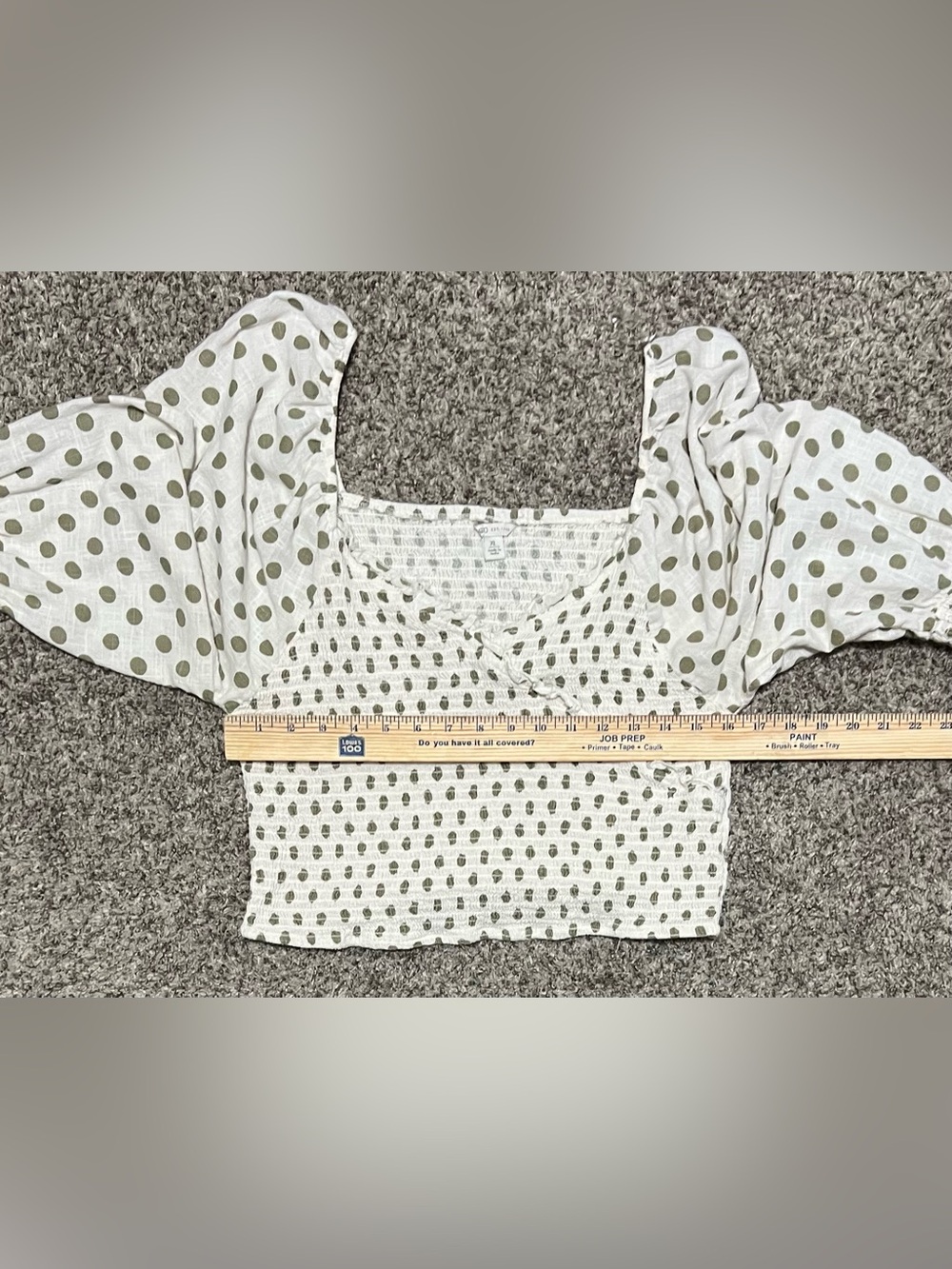 CATO Polka Dot Long Sleeve Green & White Smocked Cropped Blouse! Size XL. - Picture 7 of 11